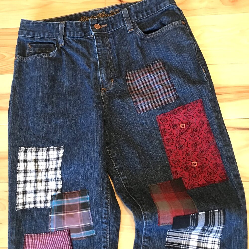 Plaid Flannel Patchwork Jeans, Upcycled Funky Pants Boho Hippie Grunge Size 8 - Picture 8 of 13
